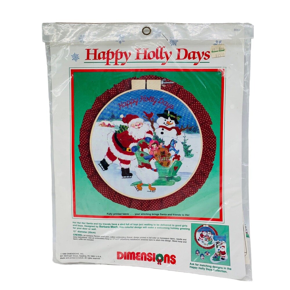 Dimensions Christmas Happy Holly Days Santa Crewel Kit 1989 NIP Barbara Mock
